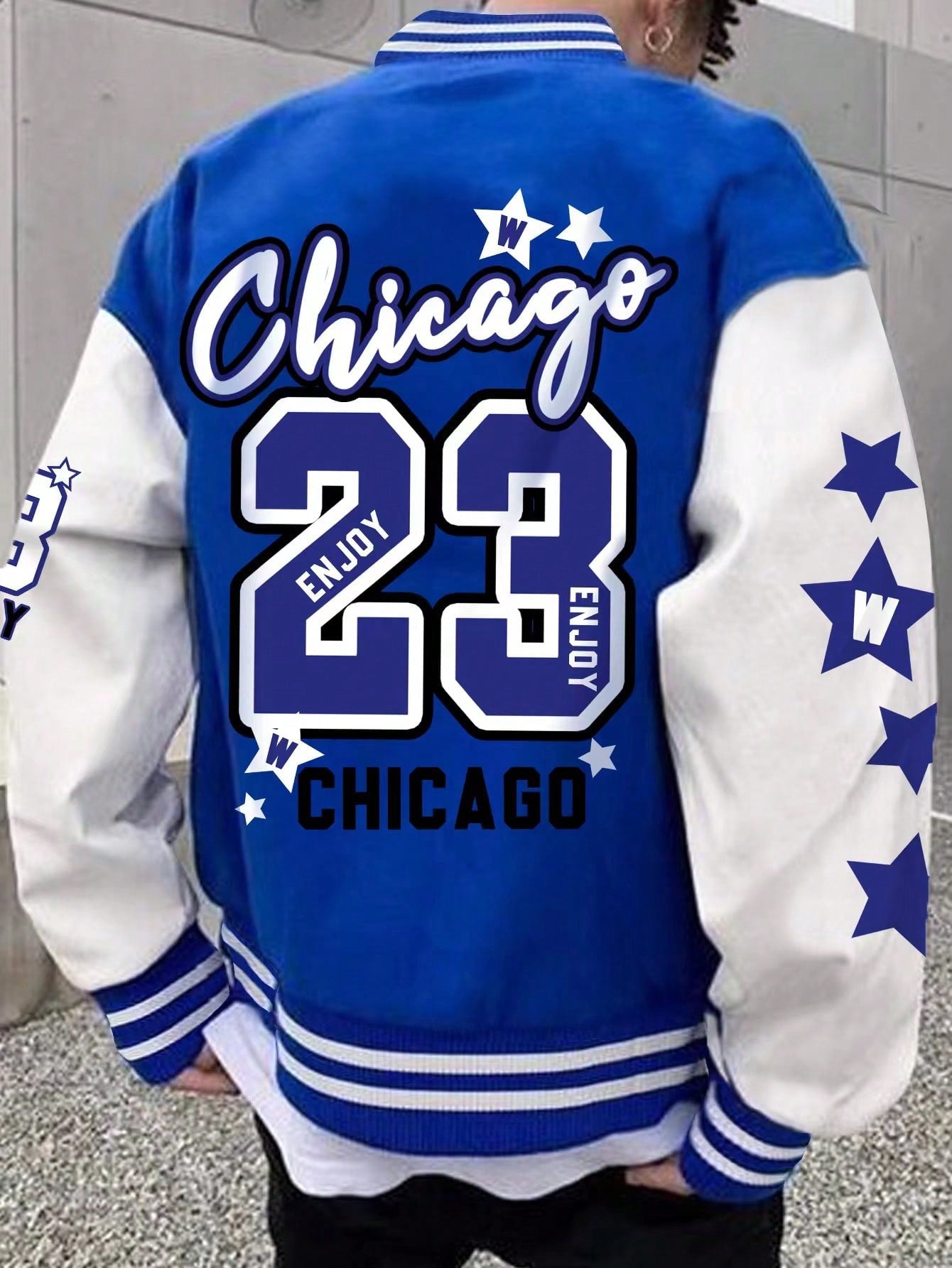 Oversized Men's Varsity Jacket With Letter Graphic, Striped Trim And Drop Shoulders