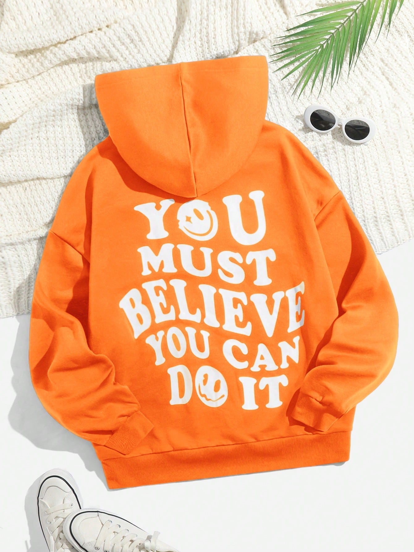 Summer Outfits Slogan Graphic Drop Shoulder Drawstring Thermal Hoodie YOU MUST BELIEVE YOU CAN DO IT