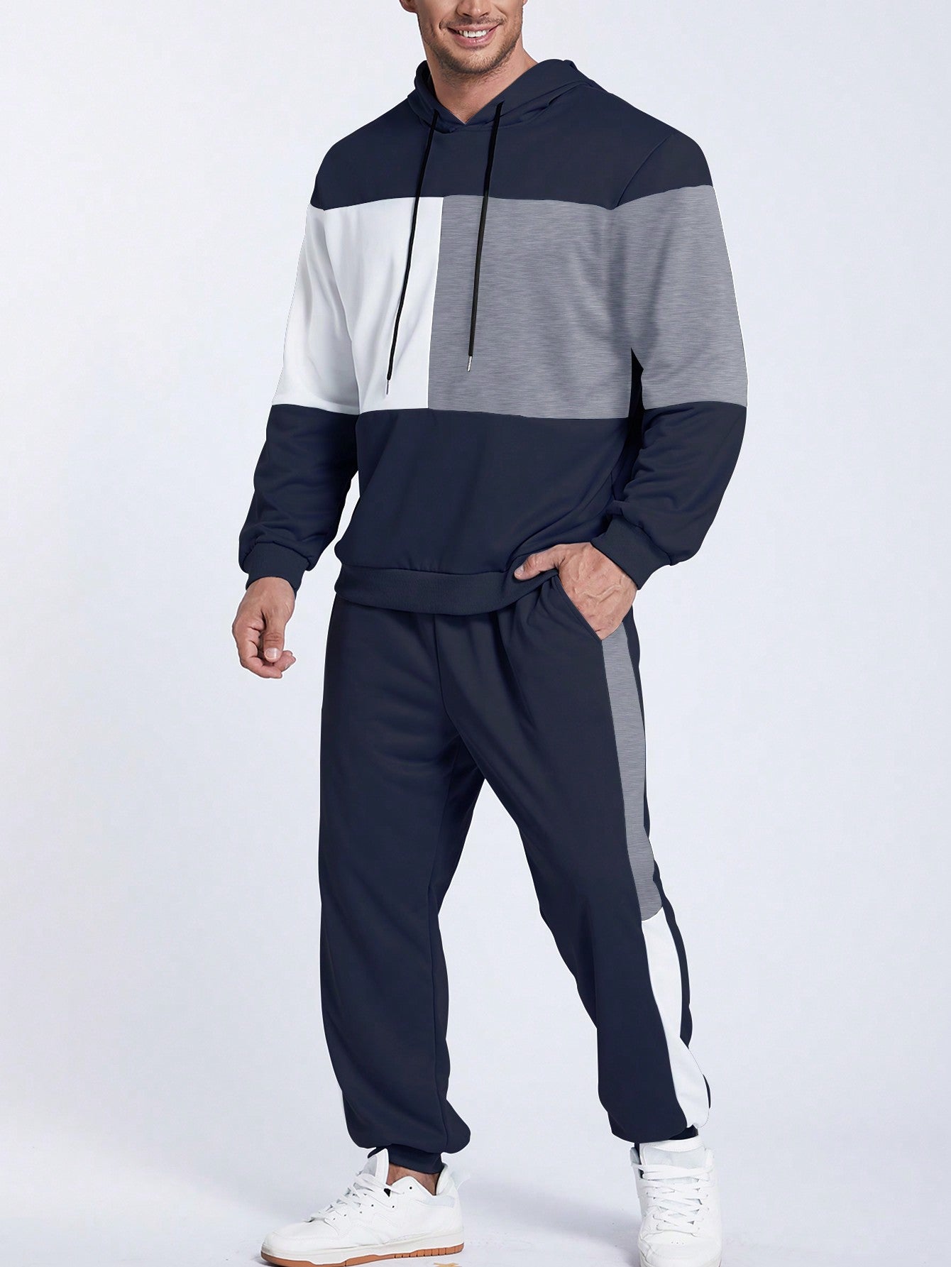 Men Plus Color Block Drawstring Hoodie & Sweatpants Track Suit