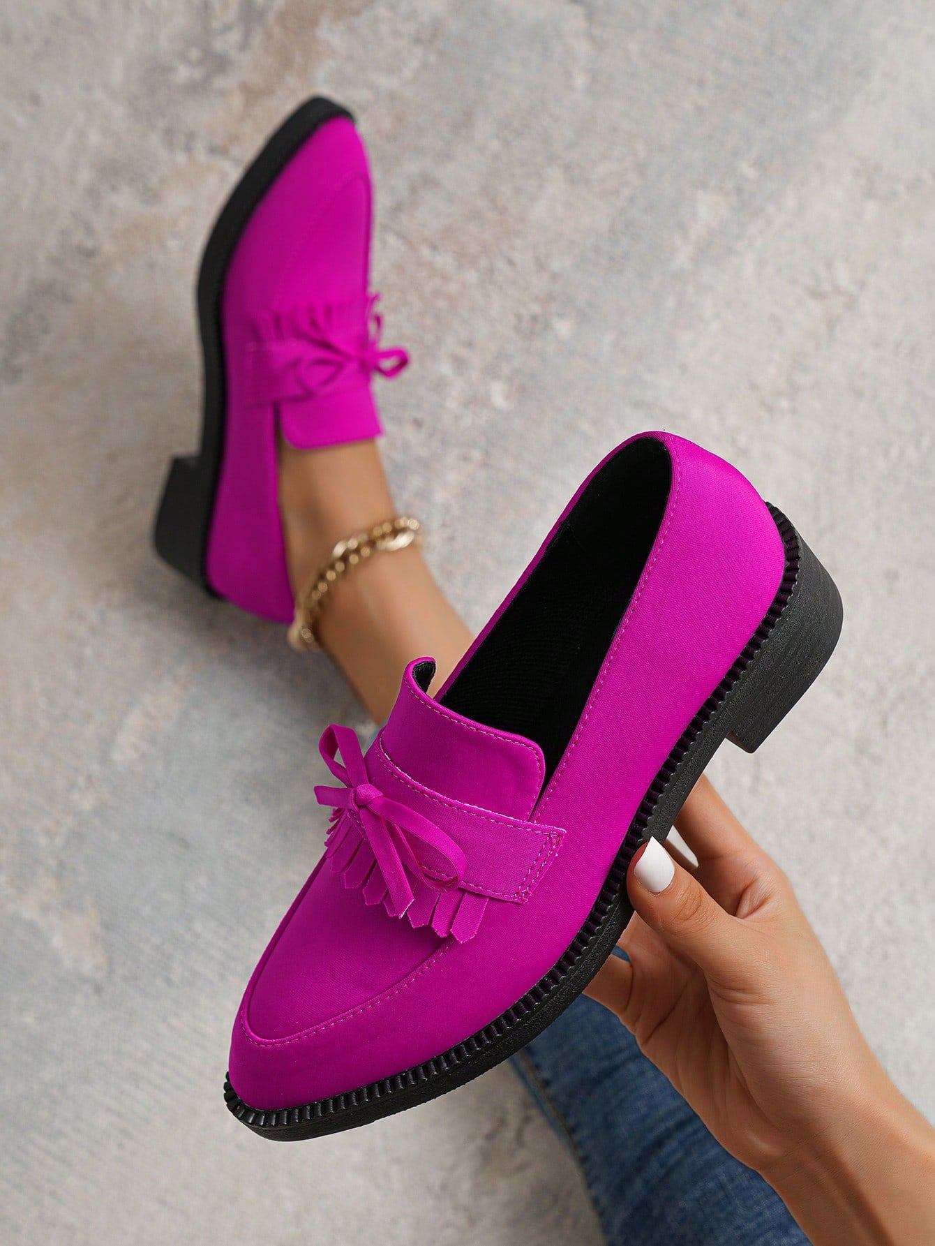 Women's Thick-Soled Flat Shoes with Tassels and Big Bows Pink Loafers Casual Flat Shoes for Valentine's Day