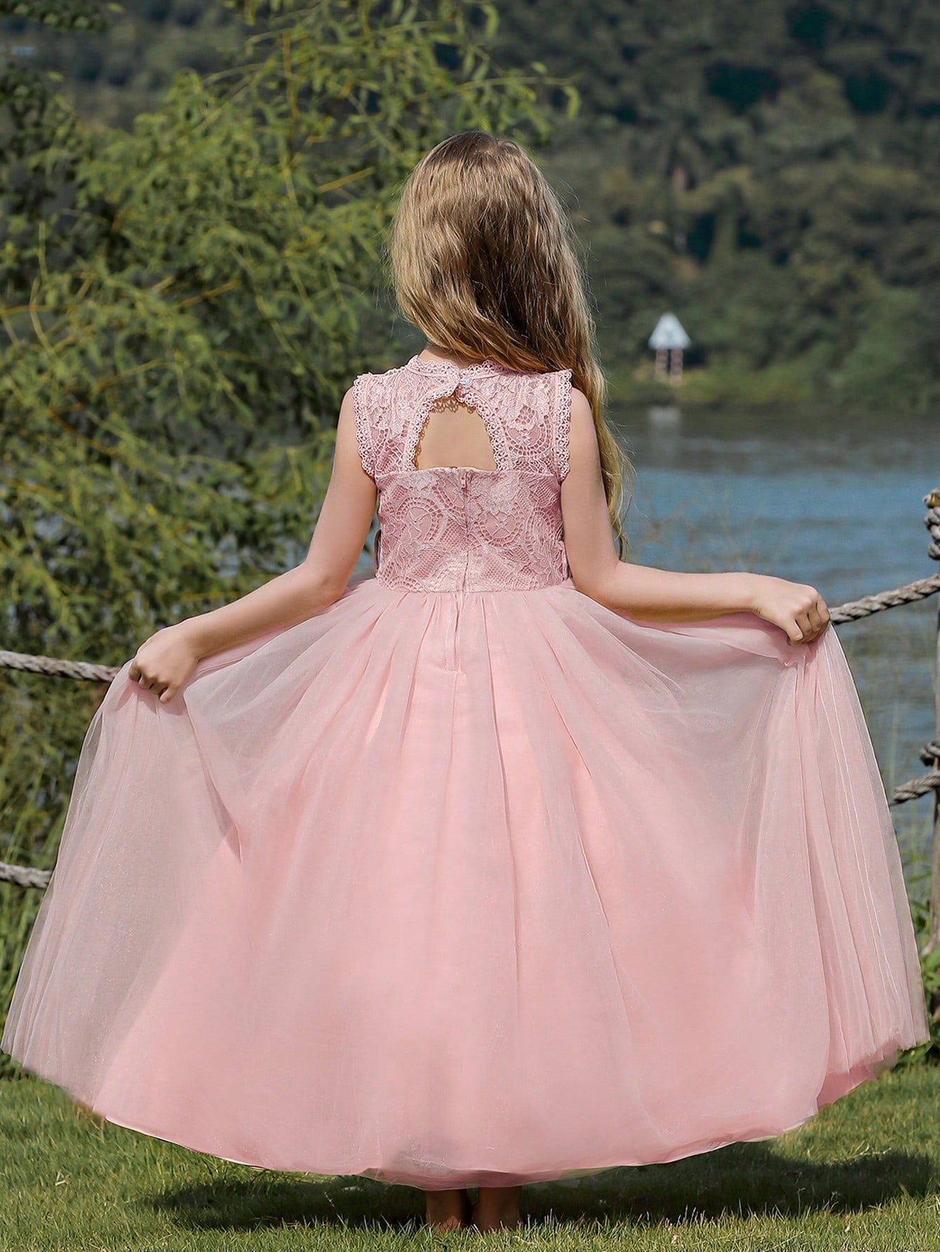 Tween Girls' Pink Lace Detail Performance & Party Long Dress