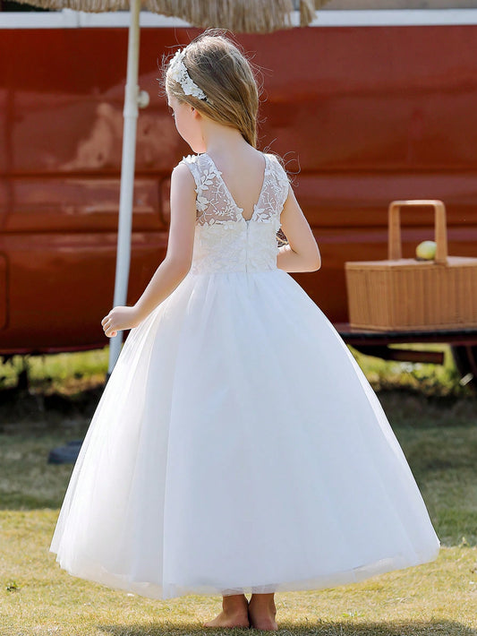 Tween Girl Backless Mesh Dress With Floral Applique, Suitable For Weddings