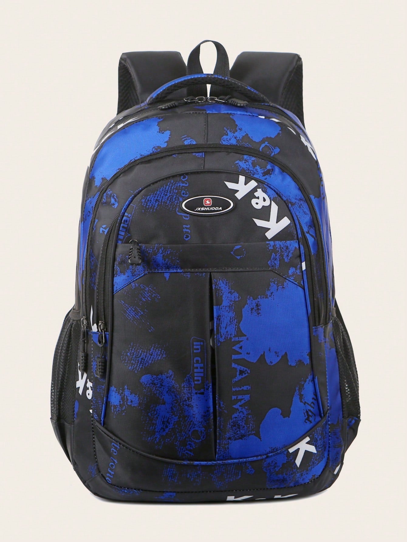 Navy Blue High Capacity Multi-pocket Zipper Closure Fashionable Water Resistant Backpack With Letter Patchwork For Casual, Wear-resistant, Student