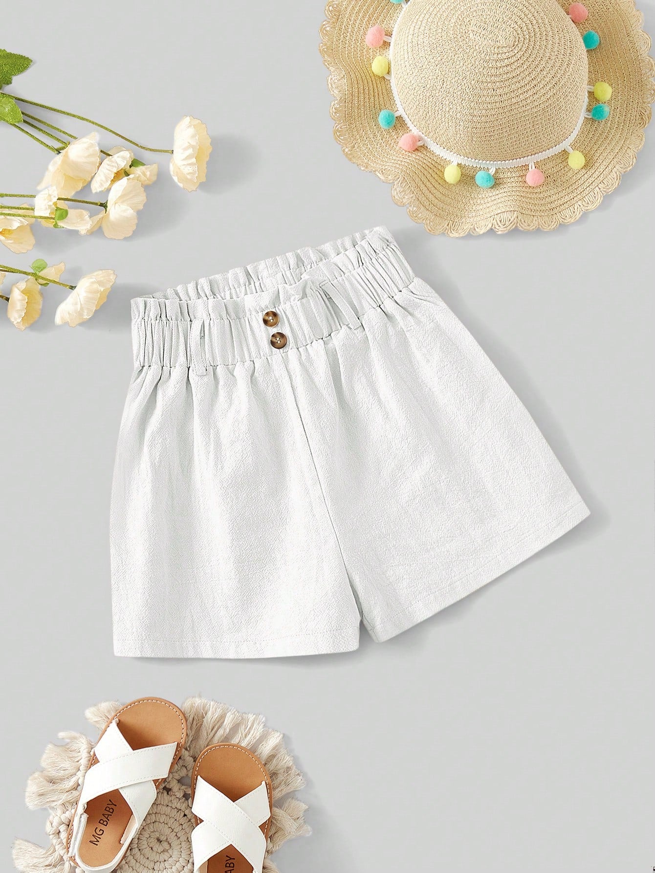 Tween Girl Solid Color Casual Shorts With Paper Bag Waist And Button Detail