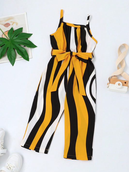 Young Girl Striped Print Belted Cami Jumpsuit