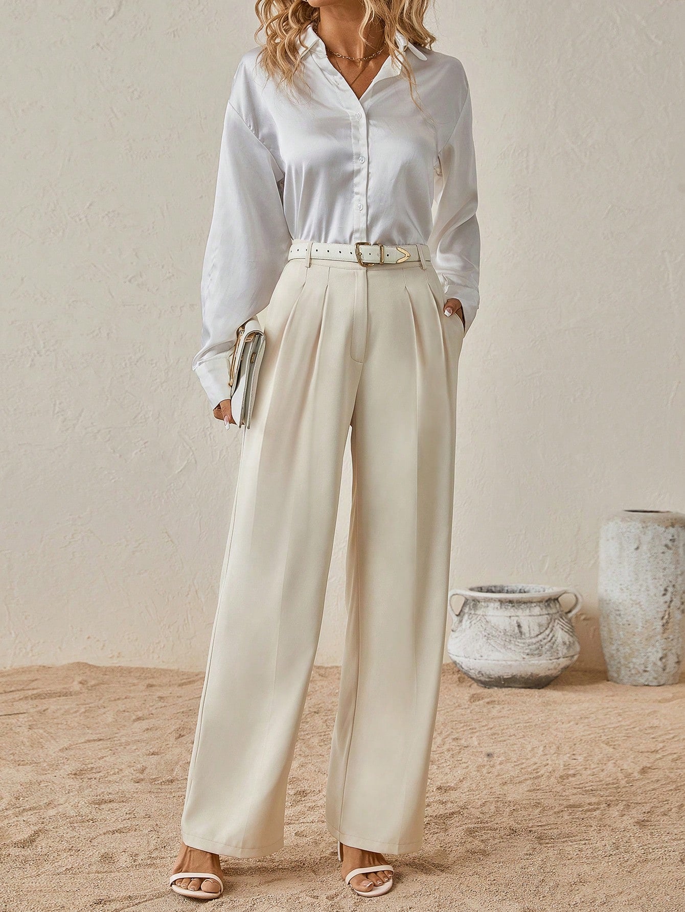 Women Solid Color Pleated Casual Slim Fit Suit Pants