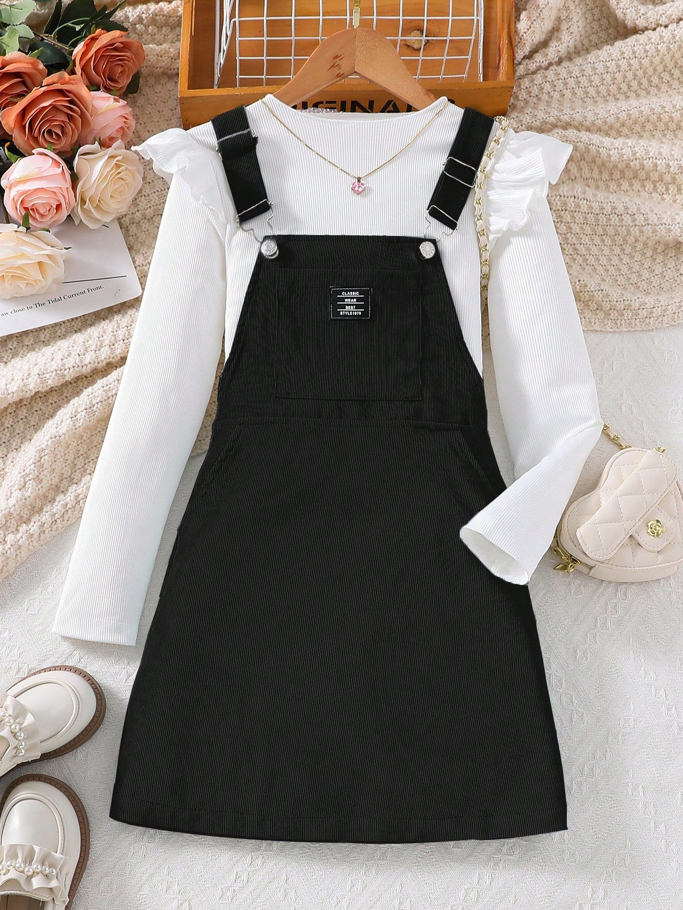 Tween Girl Letter Patched Detail Ruffle Trim Overall Dress Without Tee