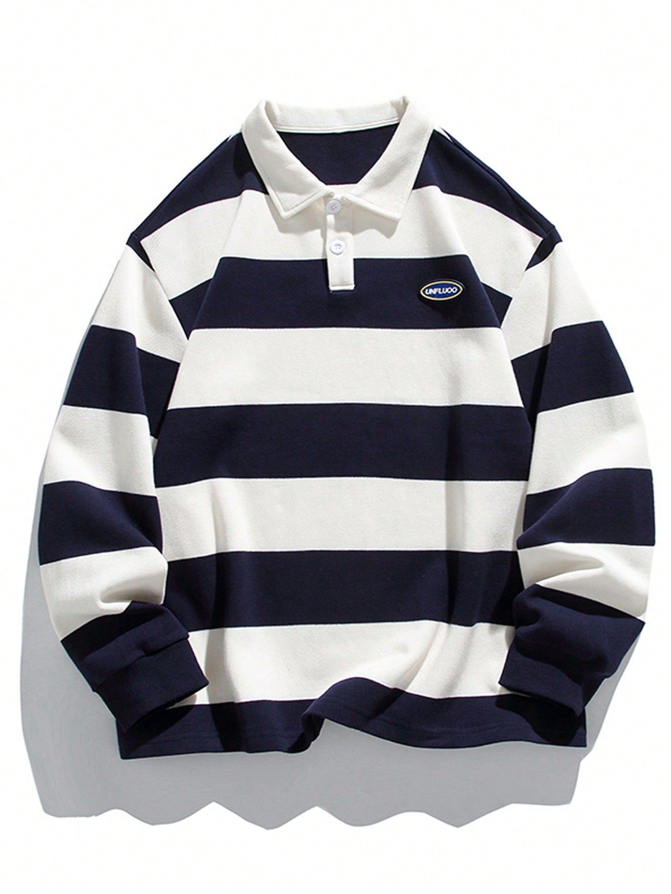 Men Striped Print Letter Patched Polo Neck Sweatshirt