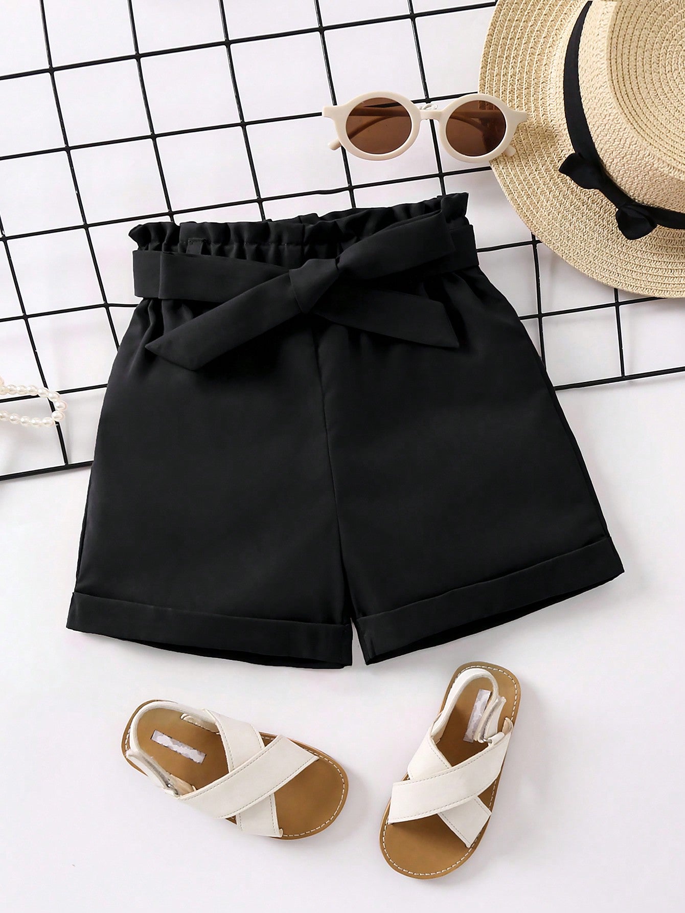 Young Girl Paperbag Waist Roll Up Hem Belted Shorts