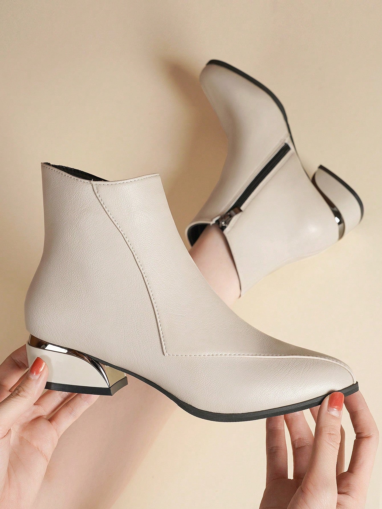 Ladies' Pointed Toe Chunky Heel Beige Zipper Short Fashion Boots