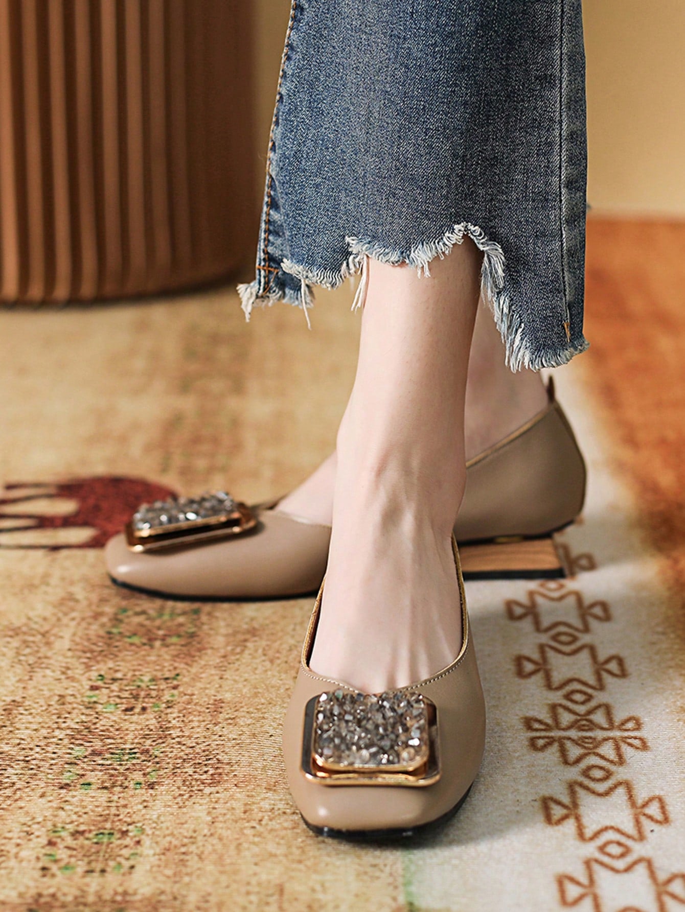 Rhinestone Square Toe Flat Shoes For Women, Mary Jane Style