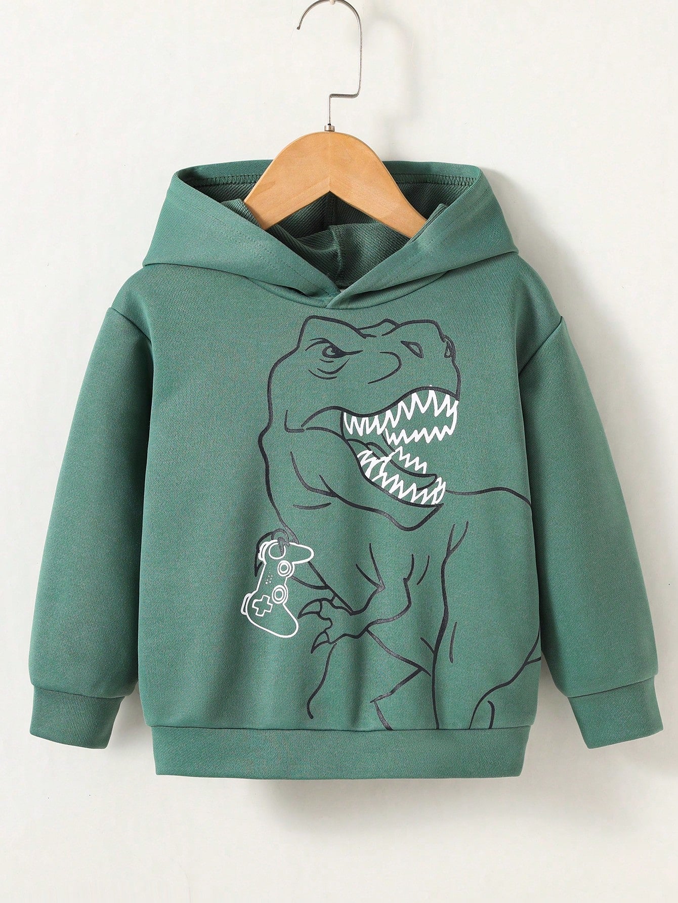 Young Boy Casual Dinosaur Printed Hoodie With Game Controller, Sports Style