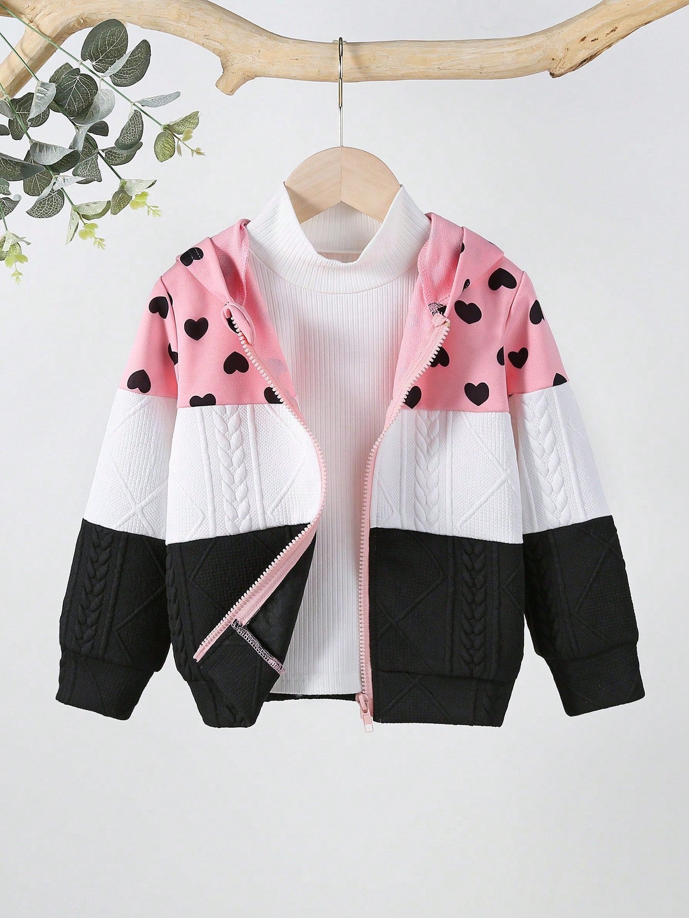 Young Girl Heart Print Colorblock Zip Up Hoodie Without Sweater