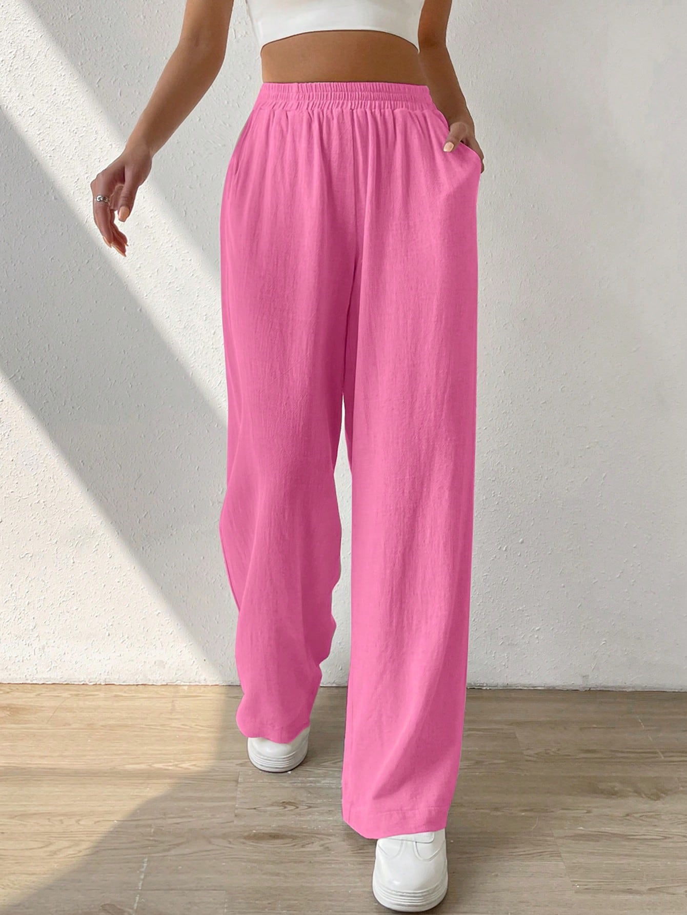 Casual Solid Slant Pocket Linen Wide Leg Pants, Summer Vocation