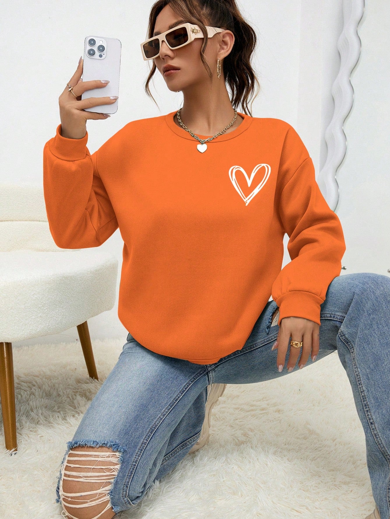 Heart Print Drop Shoulder Sweatshirt