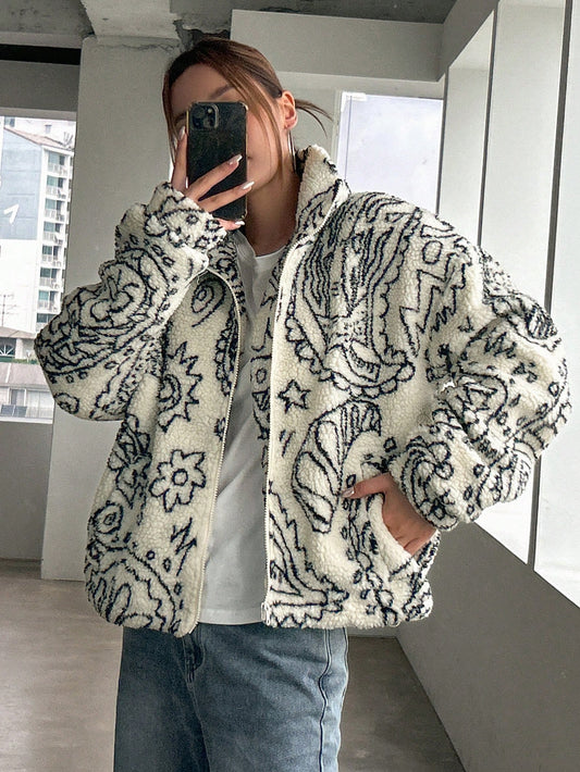 Paisley Pattern Drop Shoulder Teddy Coat