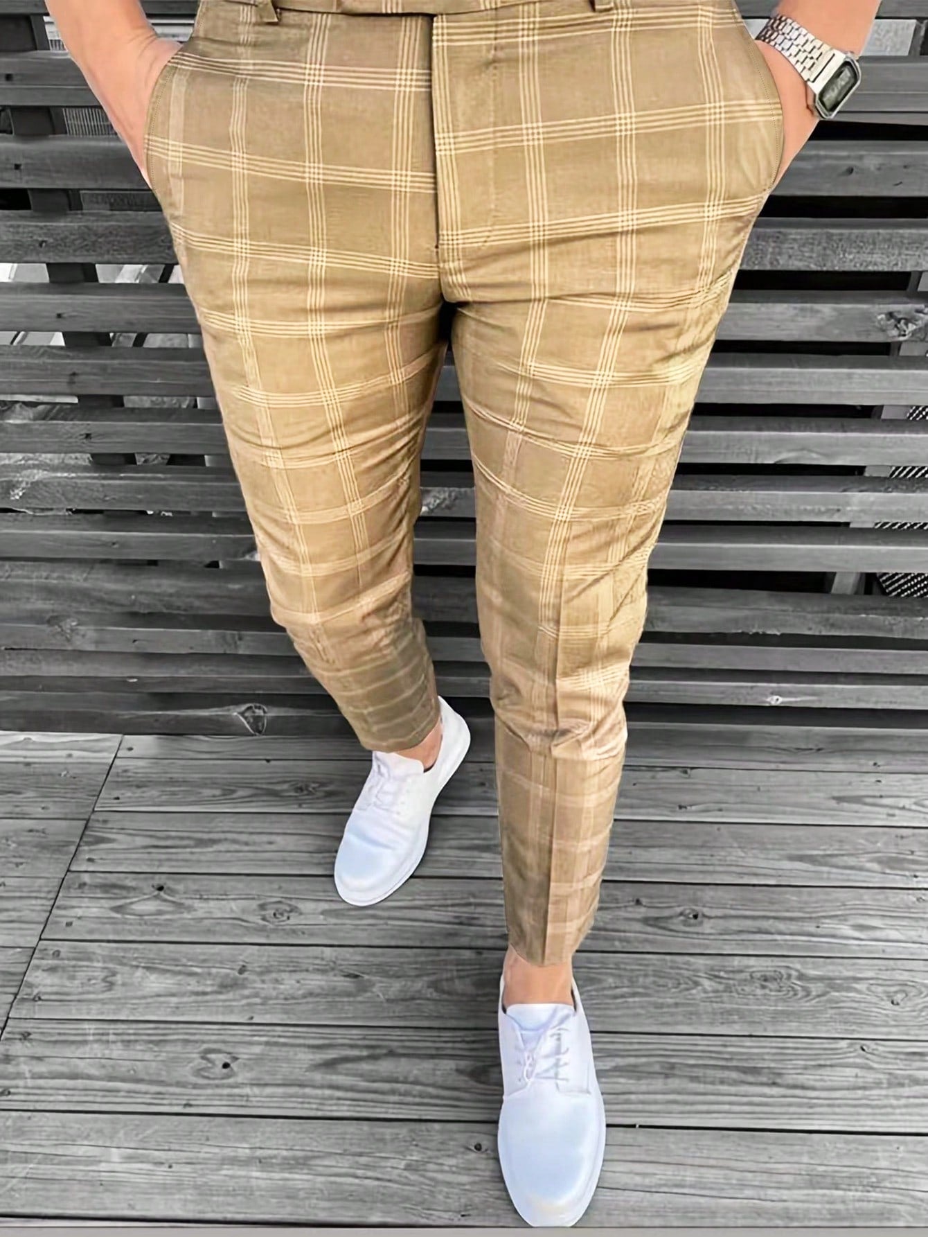 Men Plaid Straight-Legged Daily Casual Commute Suit Pants With Pockets