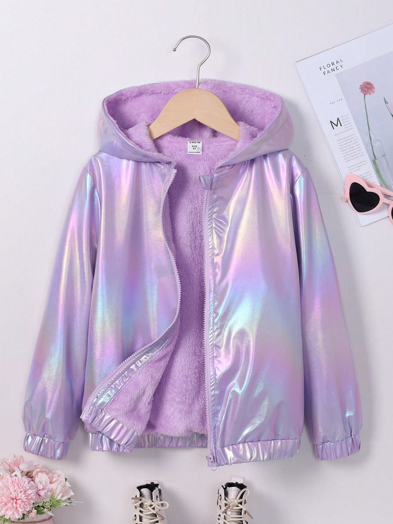 Girls' Colorful Shiny Long Sleeve Hooded Jacket With Front Zipper And Faux Fur Trim