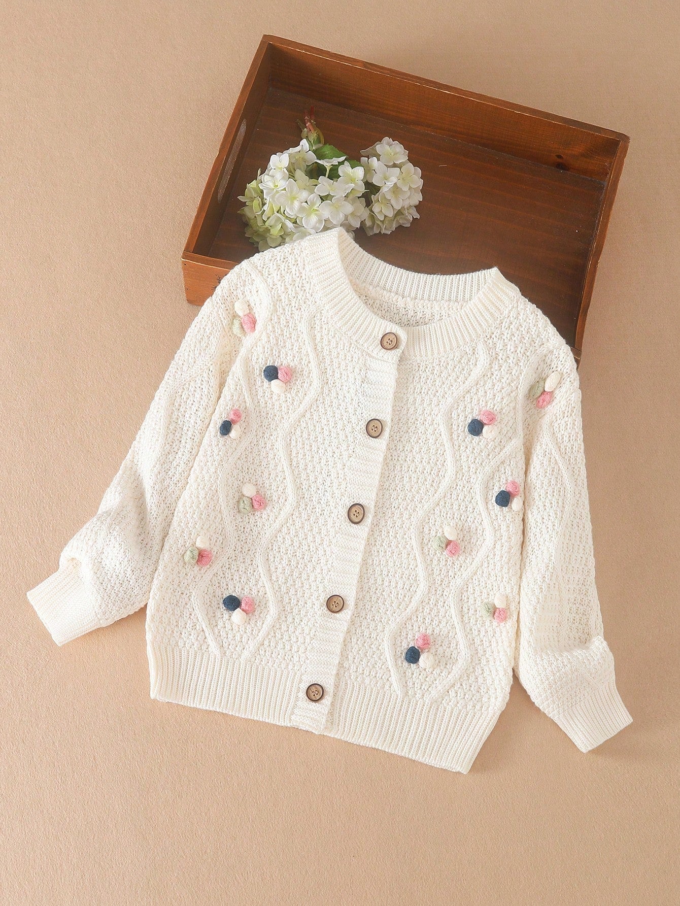 Young Girl Pompom Detail Button Front Cardigan