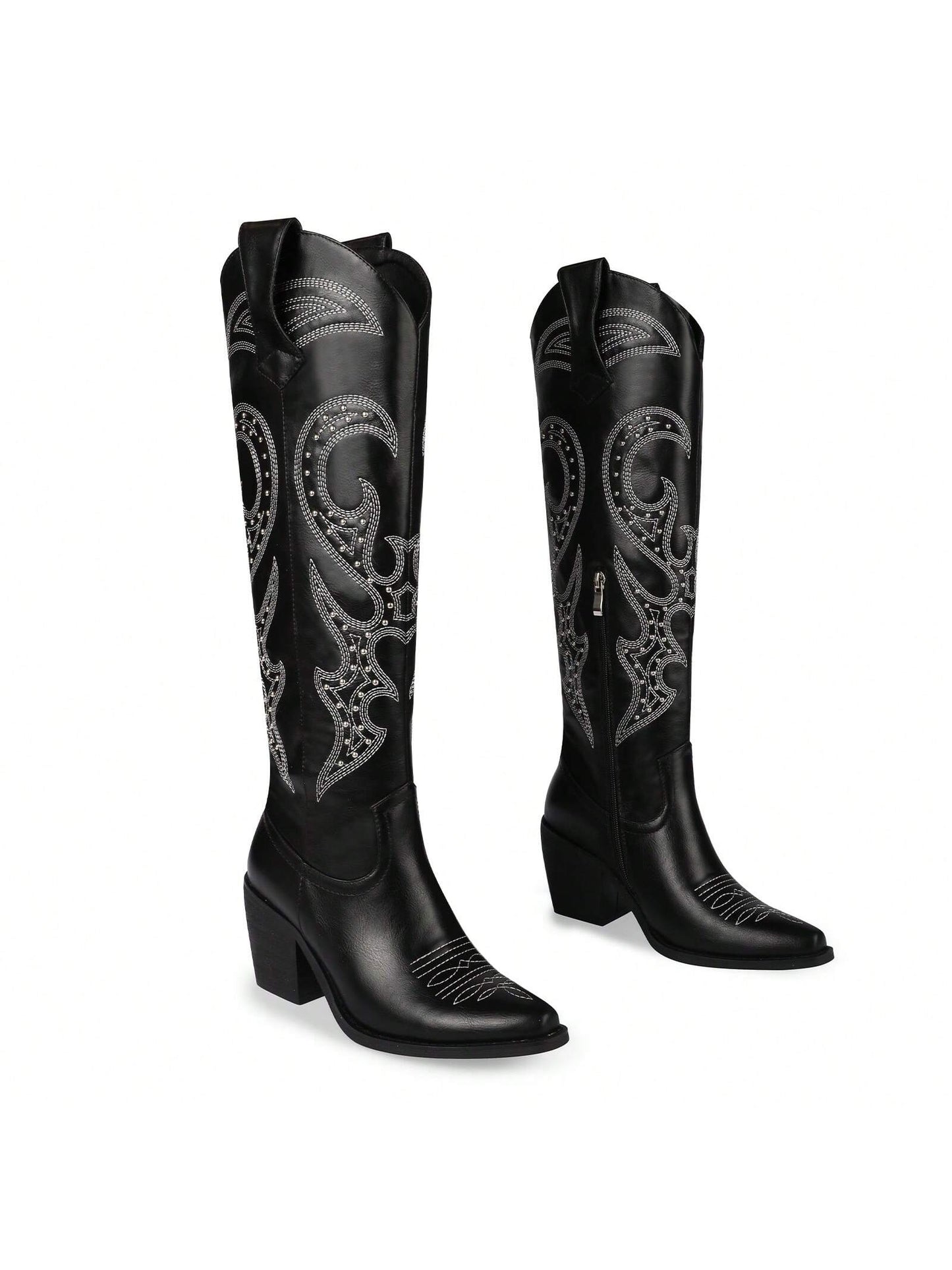 ISNOM Knee High Cowboy Cowgirl Boots For Women, With Unique Embroidery, Side Zipper And Chunky Heel Design