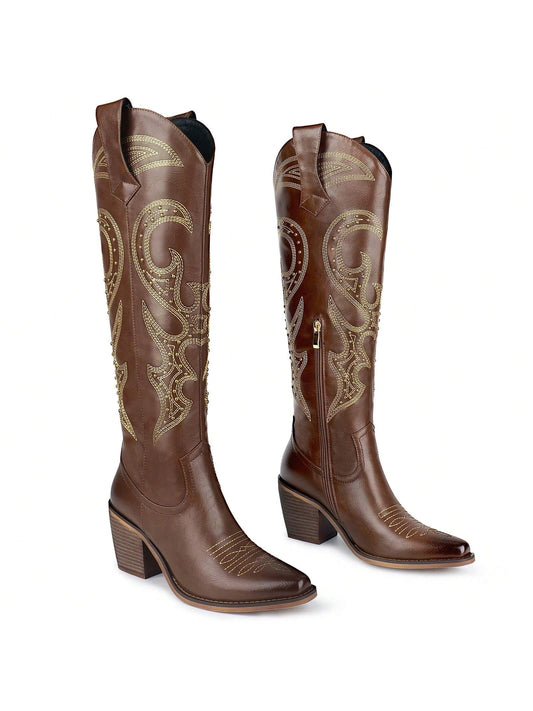 ISNOM Knee High Cowboy Cowgirl Boots For Women, With Unique Embroidery, Side Zipper And Chunky Heel Design