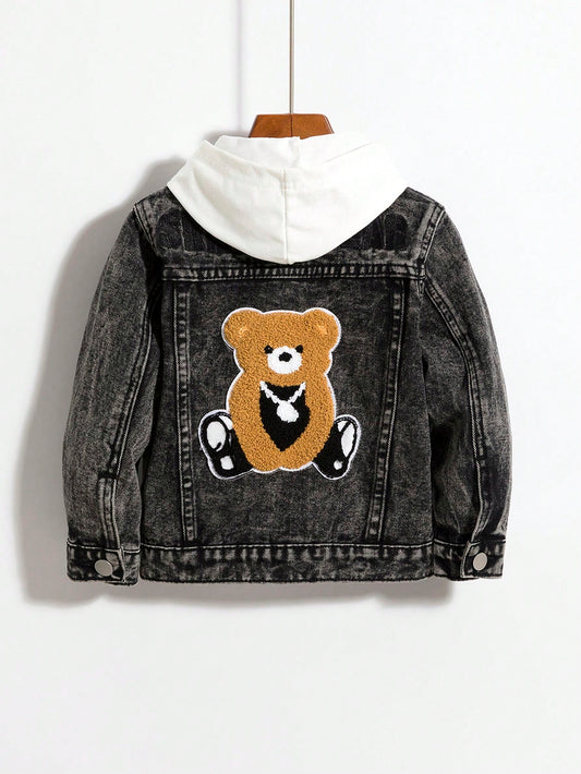 Young Boy Bear Patched Denim Jacket Without Hoodie