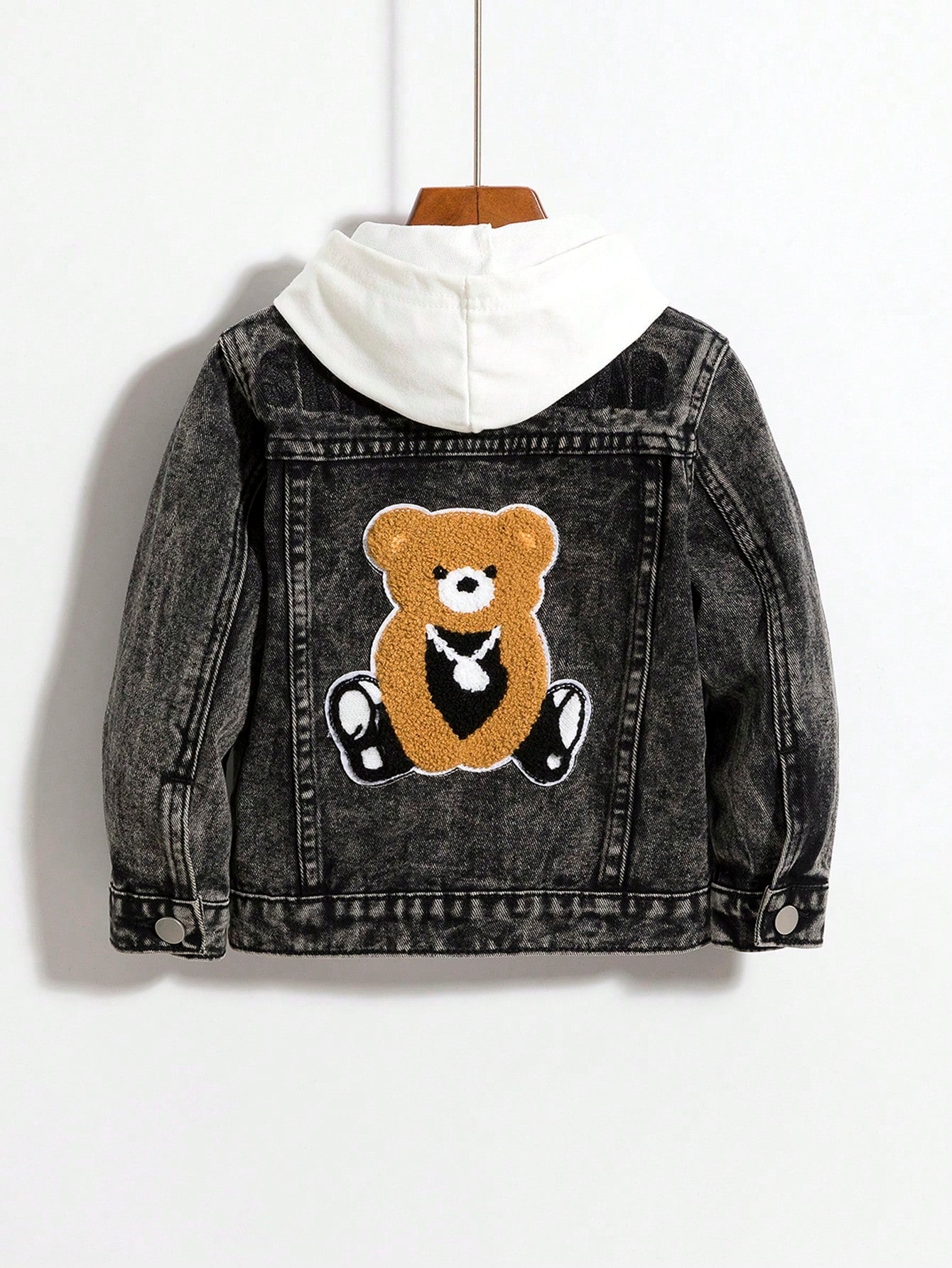 Young Boy Street Style Acid Wash Loose Fit Comfortable Denim Biker Jacket Featuring Basketball Bear Towel Embroidered Patch