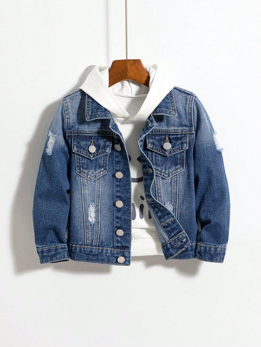 Young Boy 1pc Ripped Flap Pocket Denim Jacket