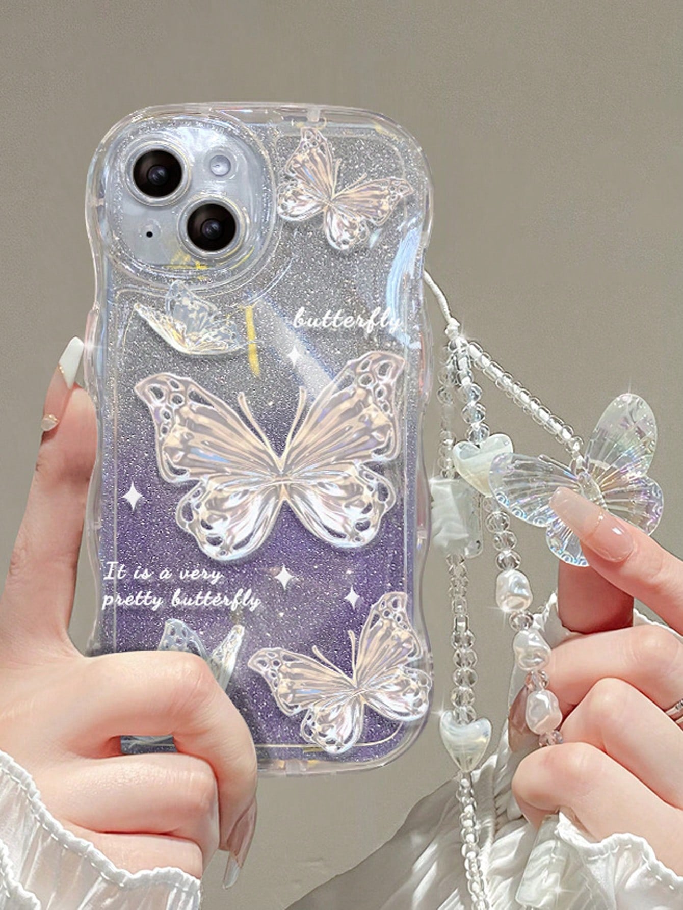 Summer 1pc Blue Ombre Glitter Card Holder + Butterfly Bracelet + Blue Anti-Fall Tpu Phone Case Compatible With Iphone Compatible With IPhone 15/15Pro/15Plus/15Promax Kawaii