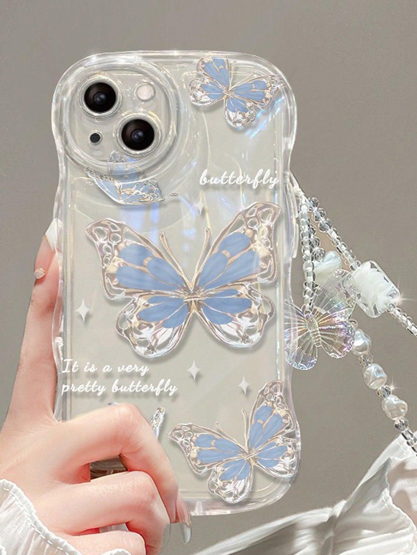 Summer 1pc Blue Ombre Glitter Card Holder + Butterfly Bracelet + Blue Anti-Fall Tpu Phone Case Compatible With Iphone Compatible With IPhone 15/15Pro/15Plus/15Promax Kawaii