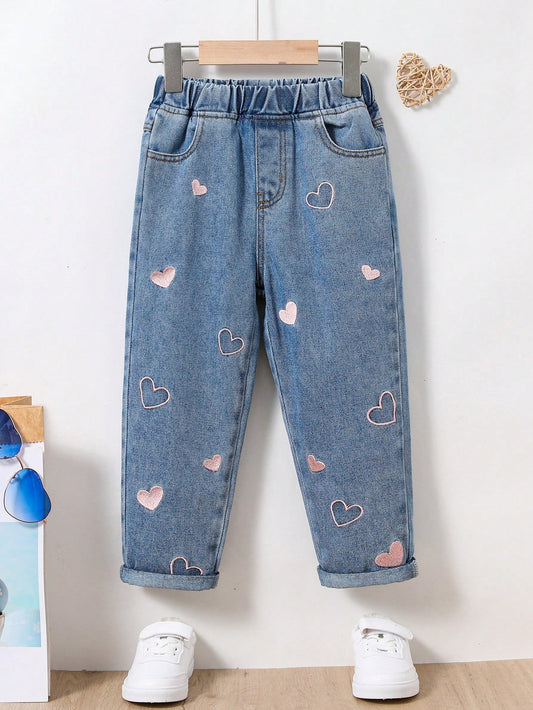 Young Girl Fresh Fashionable Casual Heart Embroidery Cute Loose Jeans