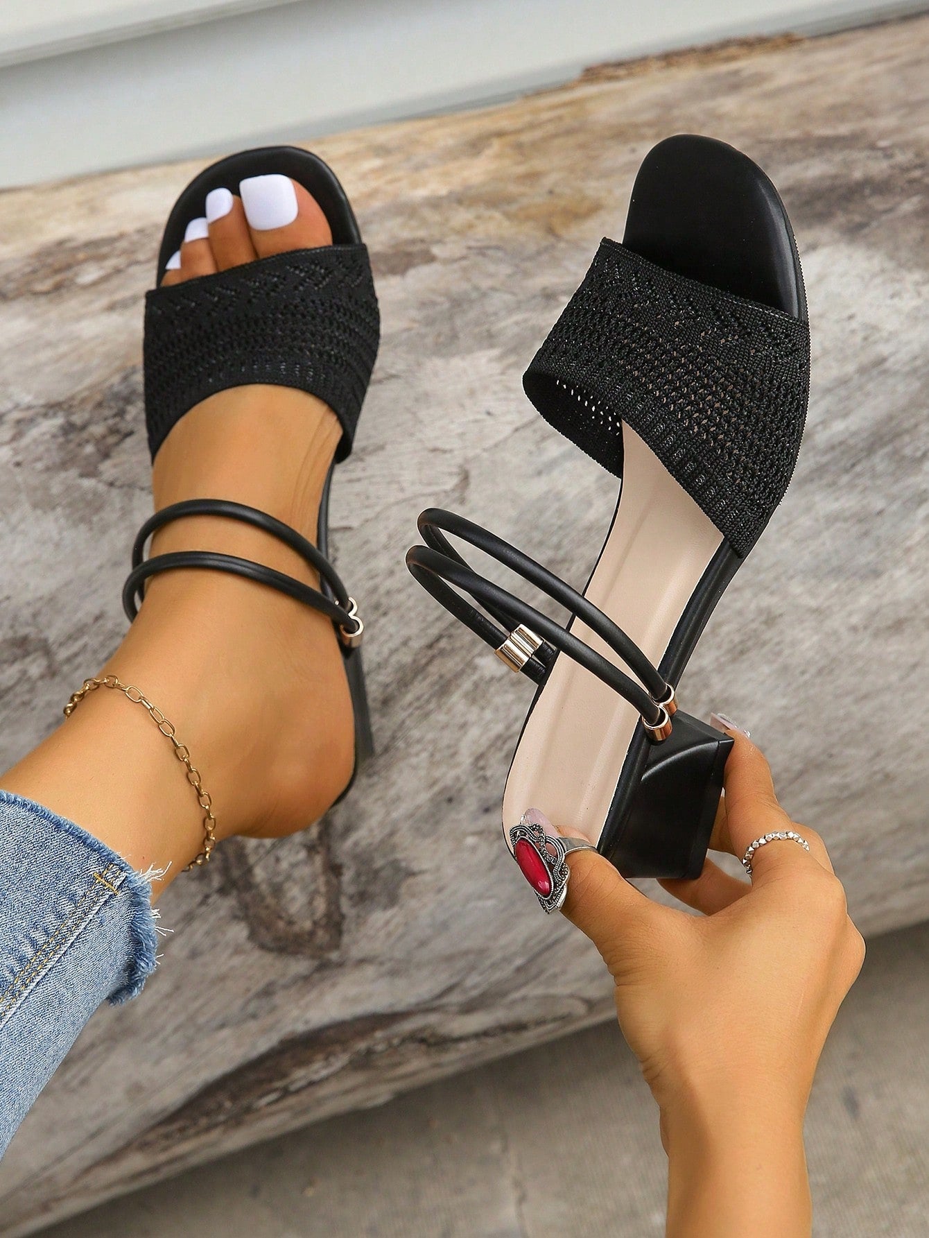 Women Single Band Chunky Heeled Mule Sandals, Elegant Black Fabric Heeled Sandals