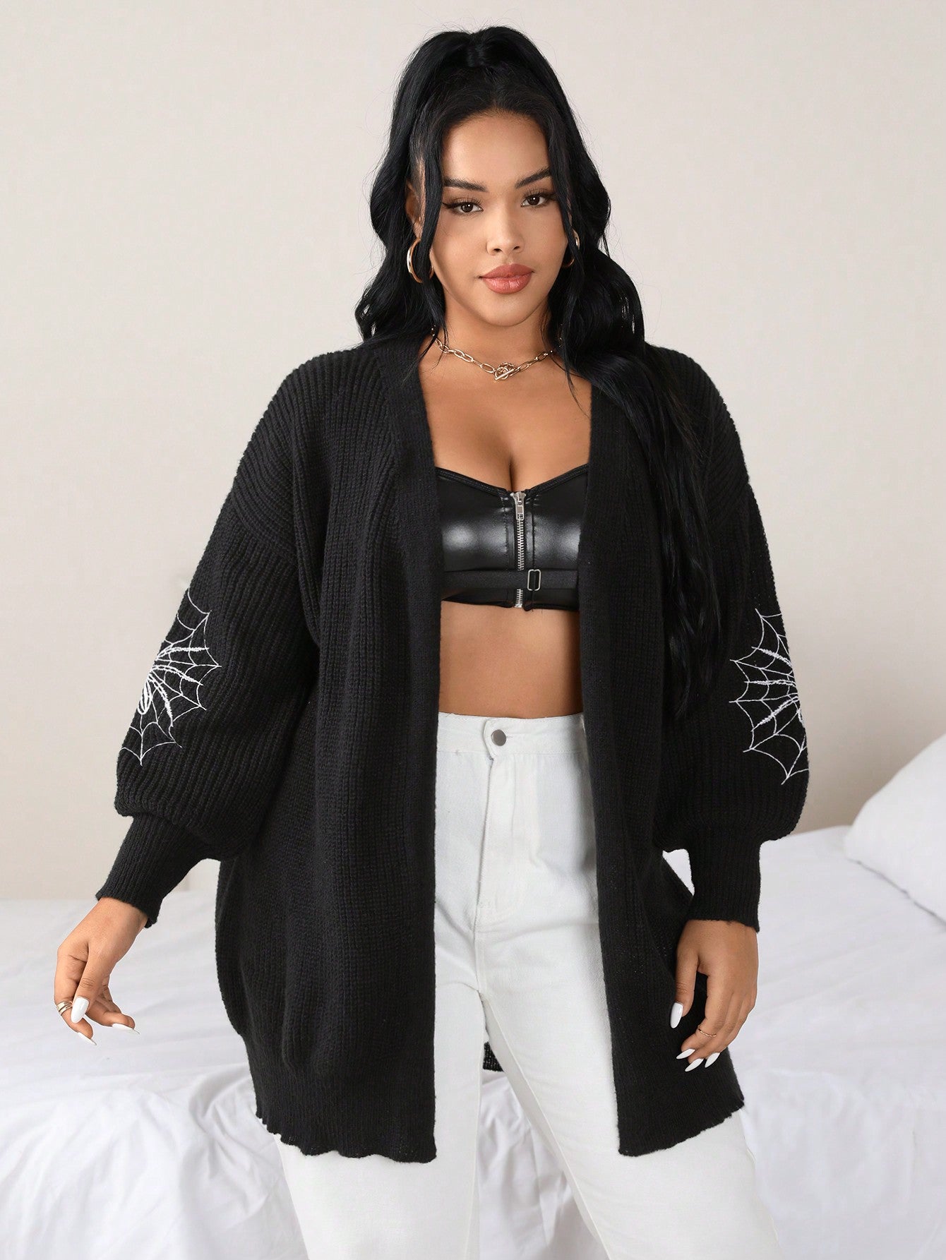 Plus Spider Web Embroidery Drop Shoulder Duster Cardigan