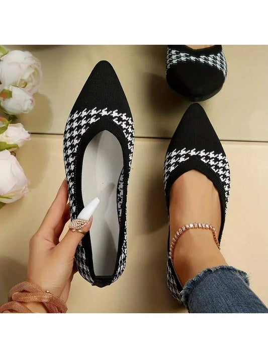 Women's Fashionable Houndstooth Check Solid Color Knitted Soft Sole Shoes For Comfortable Walking, Ballerina Flats