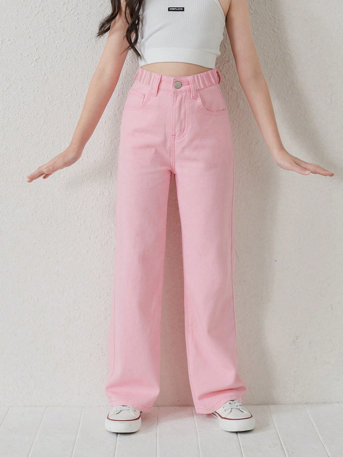 Tween Girl Y2k Style Loose Fit Straight Leg Pink Denim Jeans