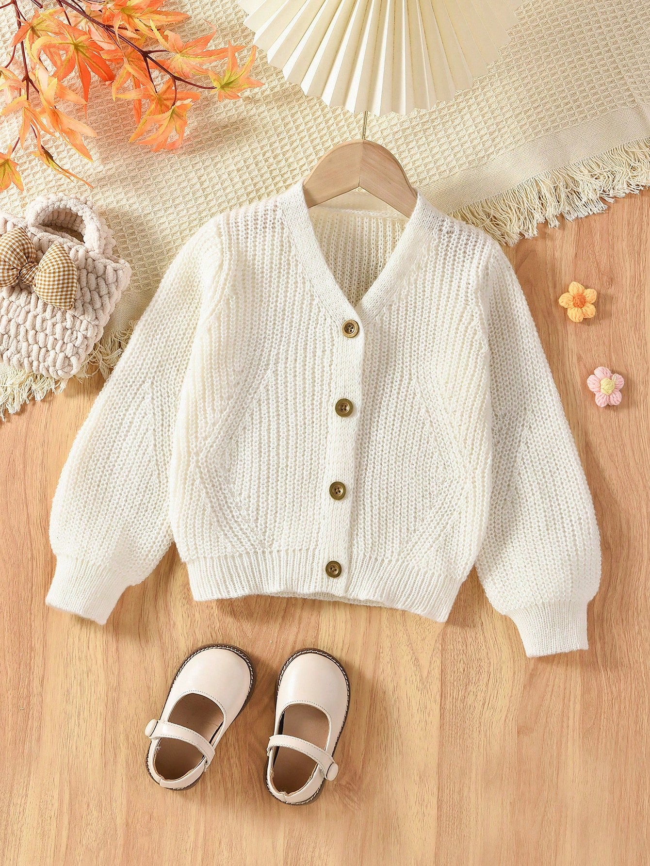 Young Girls' And Toddler Girls' Cardigans, Beige/White/Light Yellow/Apricot, Warm And Comfortable, Creative Hook Ear Design, Simple And Versatile, Thin And Lantern Sleeve, V-Neck And Ribbed Cuffs, Fashionable And Trendy, Suitable For All Seasons, Beautifu