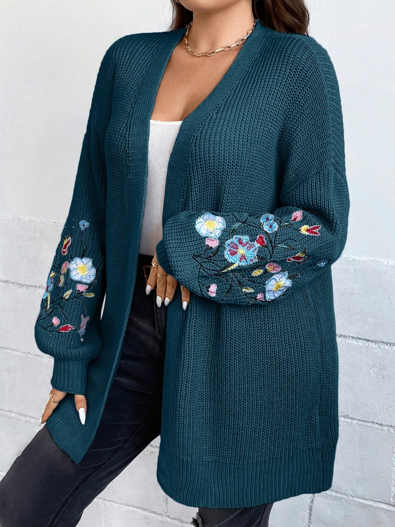 Plus Floral Embroidery Drop Shoulder Duster Cardigan