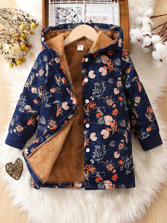 Young Girl Floral Print Thermal Lined Hooded Coat