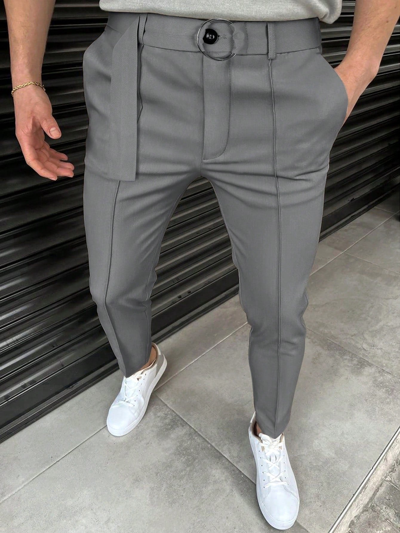 Men Slant Pocket Belted Suit Pants