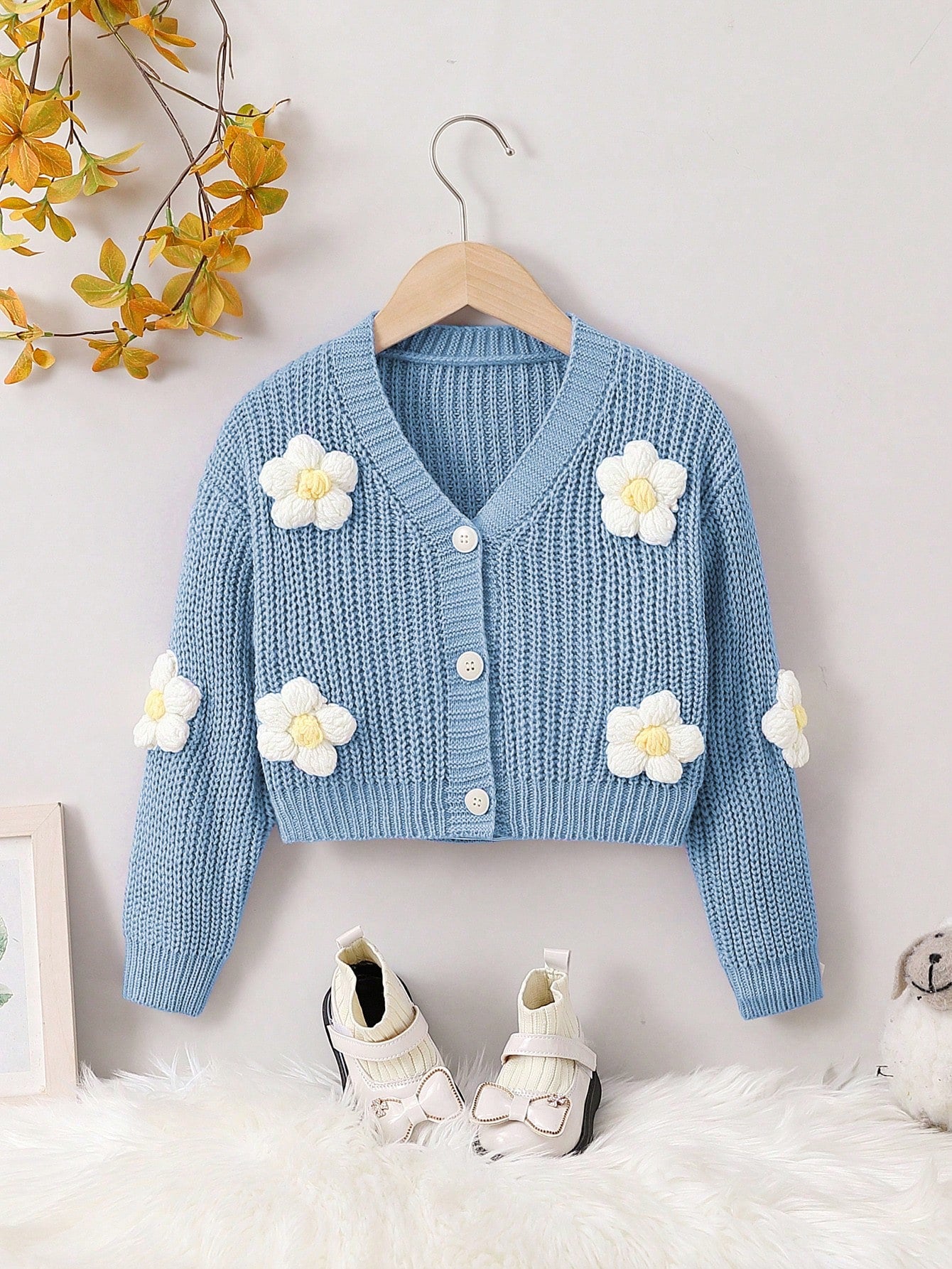 Young Girl 3D Flower Button Up Ribbed Knit Cardigan For Spring And Autumn