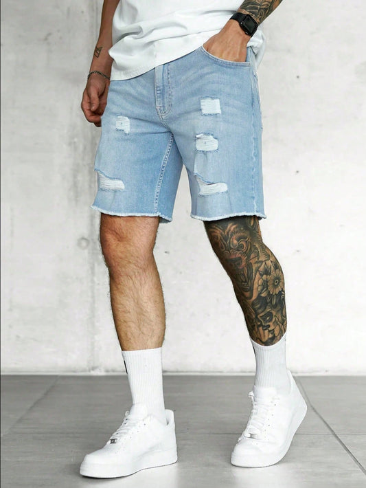 Men Ripped Frayed Raw Hem Denim Shorts