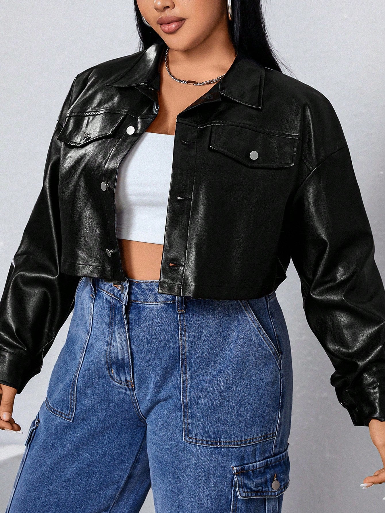 Plus Drop Shoulder Flap Detail Crop PU Leather Jacket