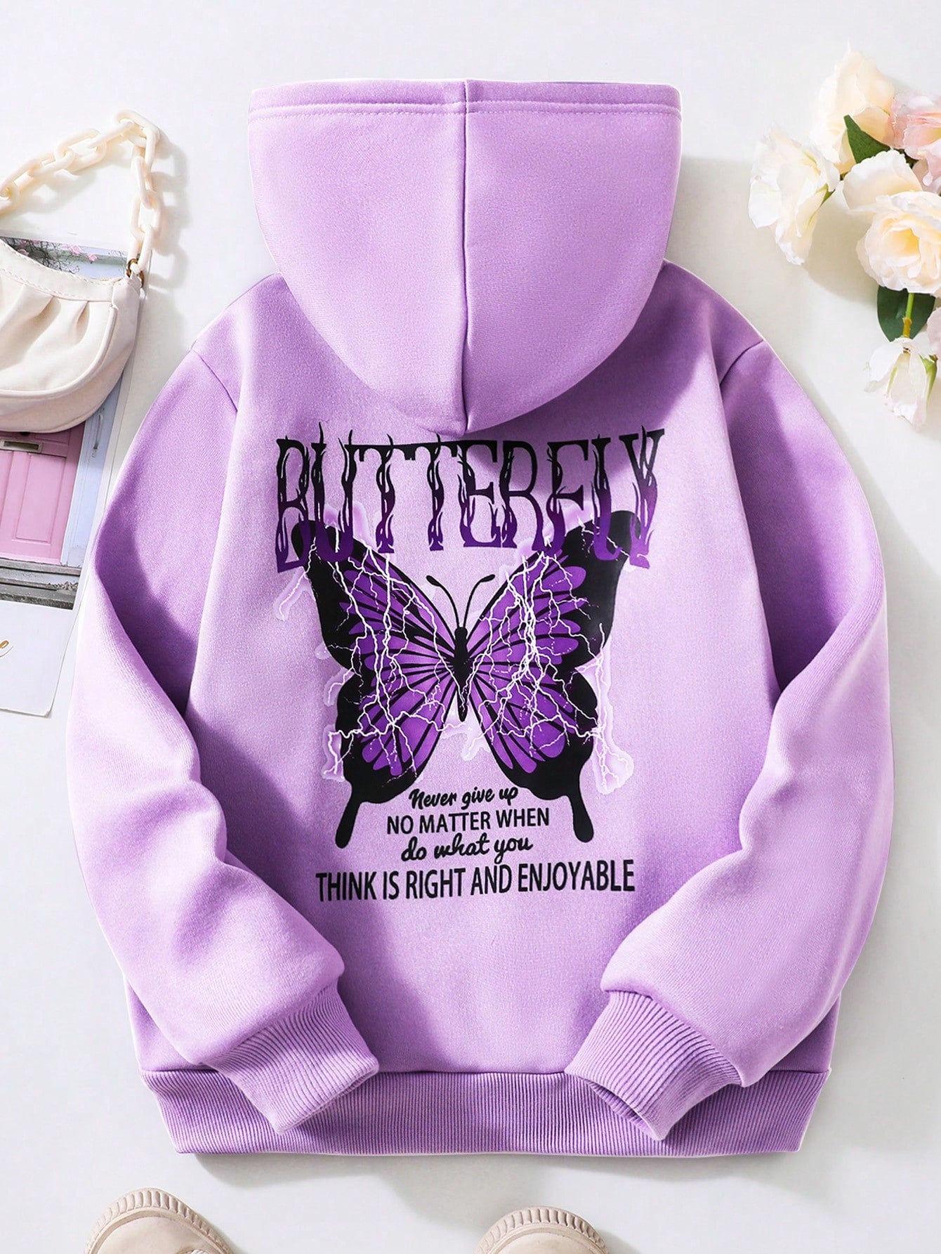 Tween Girl Butterfly & Slogan Graphic Thermal Lined Hoodie