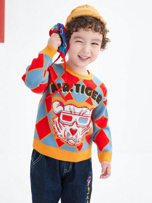 Young Boy Contrast Argyle Pattern Tiger Graphic Thermal Sweater Suitable For Winter