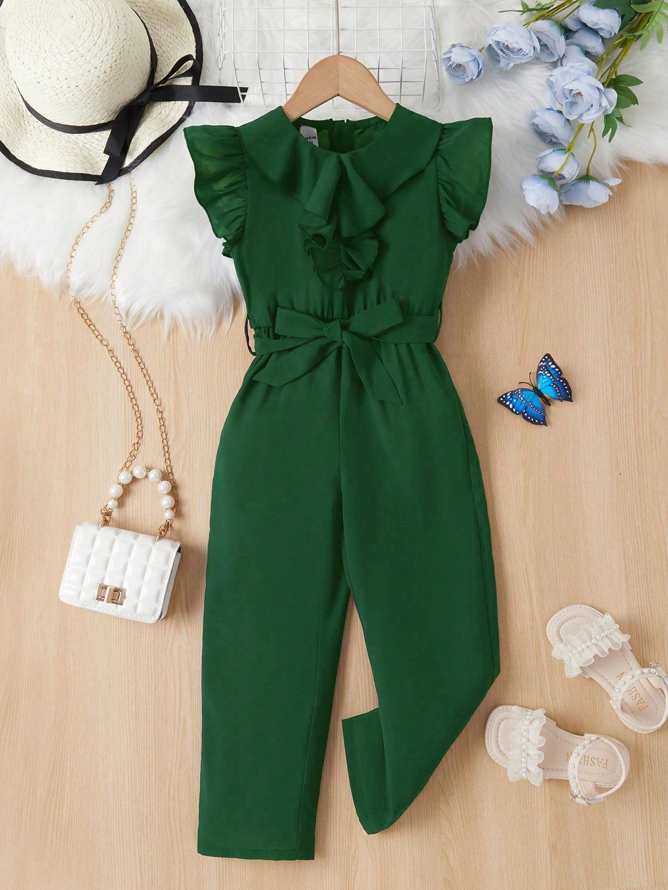 Young Girl Ruffle Trim Belted Jumpsuit