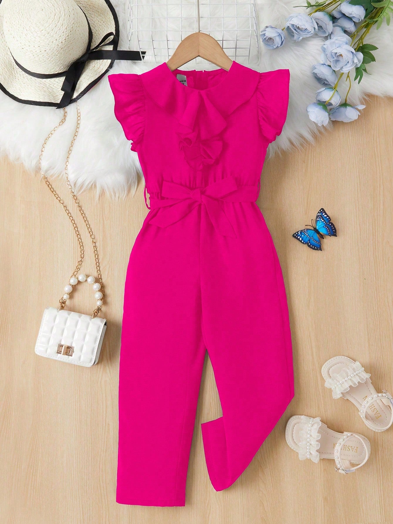 Young Girl Ruffle Trim Belted Jumpsuit