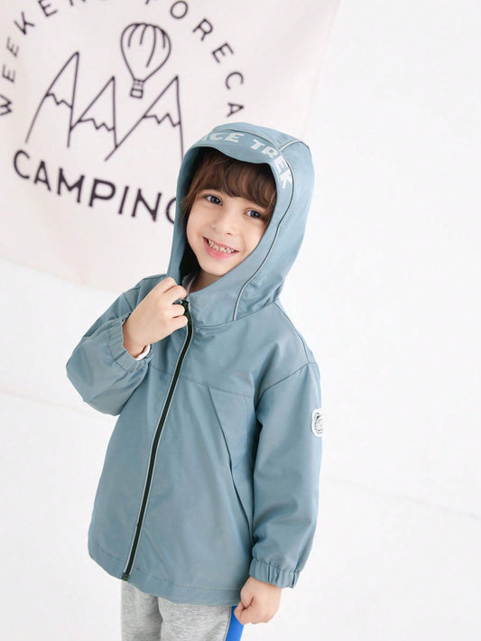 Young Boy Print Letter Slant Pocket Windproof Zipper Hooded Coat Suitable For Spring And Autumn