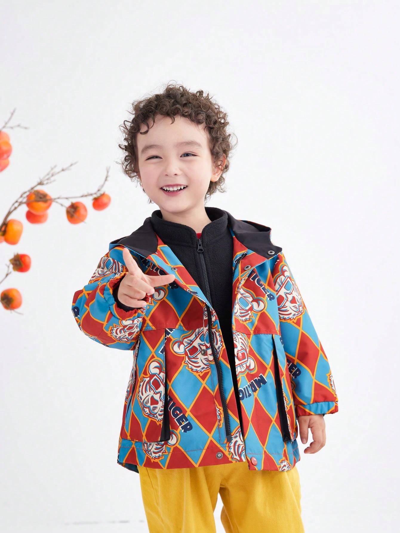 Young Boy Contrast Argyle Pattern Tiger Graphic Slant Pocket Thermal Windproof Hooded Coat & Detachable Fleece Liner