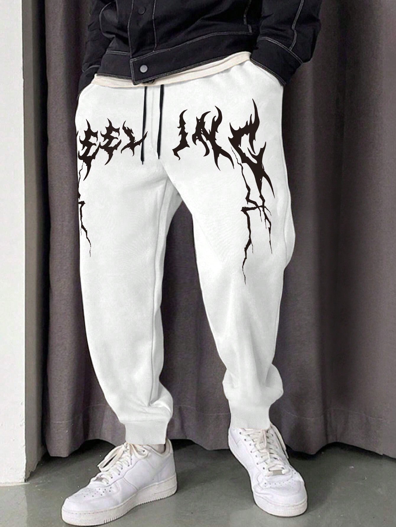 Men Graphic Print Drawstring Waist Sweatpants Long Sweat Pant Letter Light Grey Going Out Goth Friends