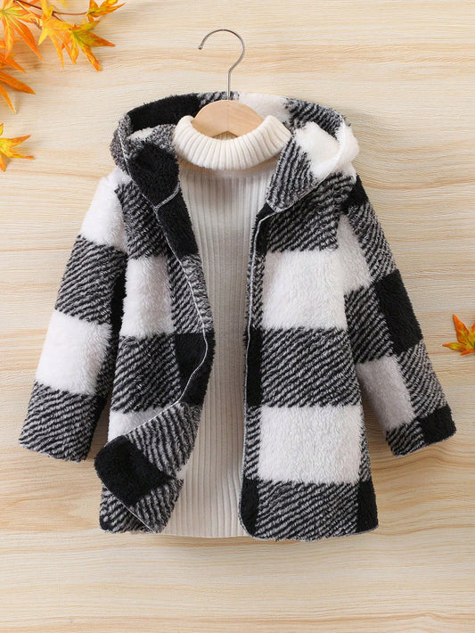 Young Girl Buffalo Plaid Pattern Hooded Teddy Coat Without Sweater